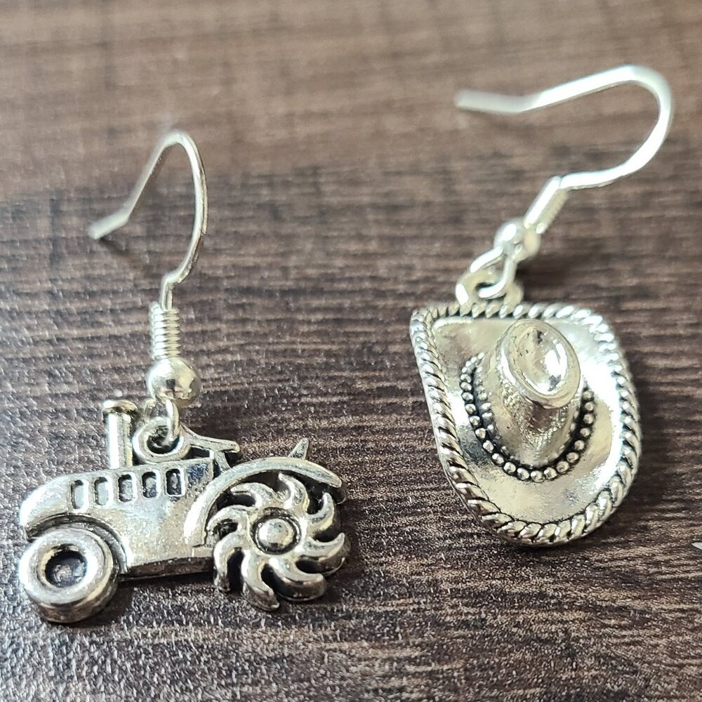 Western Mismatched Cowboy Hat and Tractor Silver Tone Dangle Earrings NEW - Picture 4 of 7